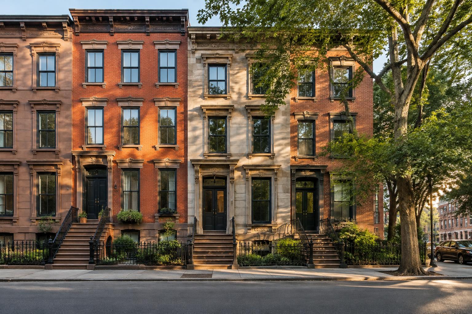 Brick townhouses along a tree-lined street